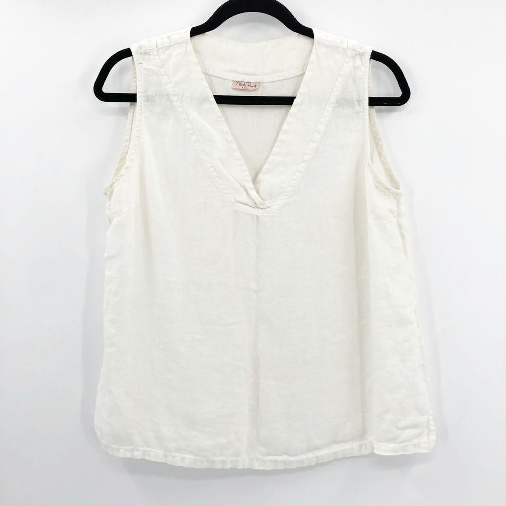 Vintage Match Point Women's Cream V Neck Linen Sleeveless Blouse Size 25‎